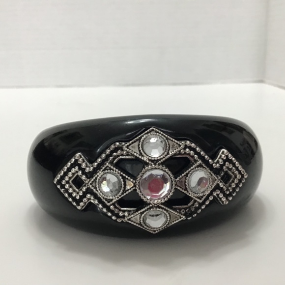 VTG Rhinestone jewelled black resin domed cuff & VTG suede Floral Bracelet - Picture 4 of 14